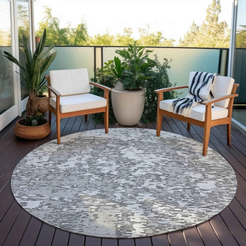 8' Gray And Ivory Round Abstract Washable Indoor Outdoor Area Rug