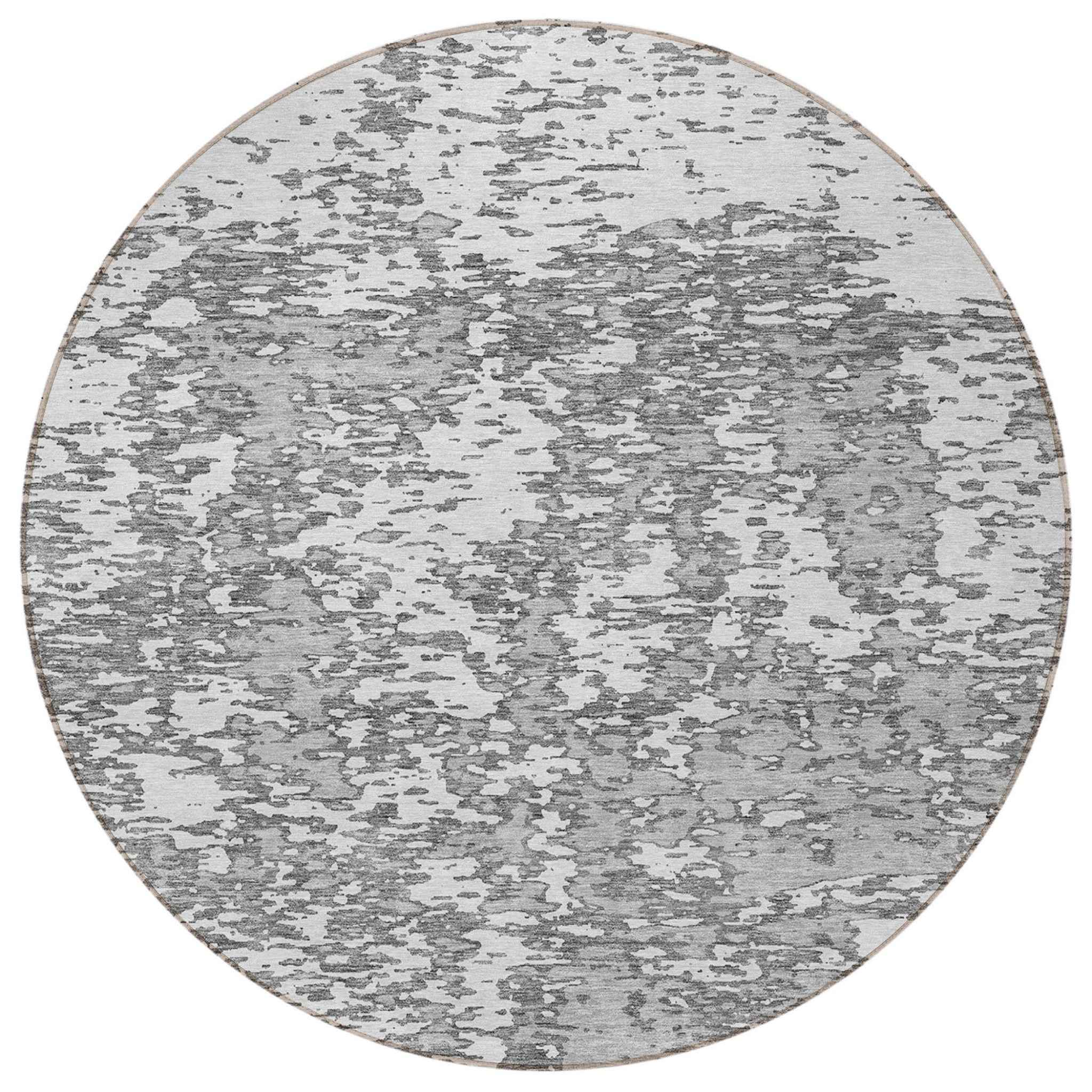 8' Gray And Ivory Round Abstract Washable Indoor Outdoor Area Rug