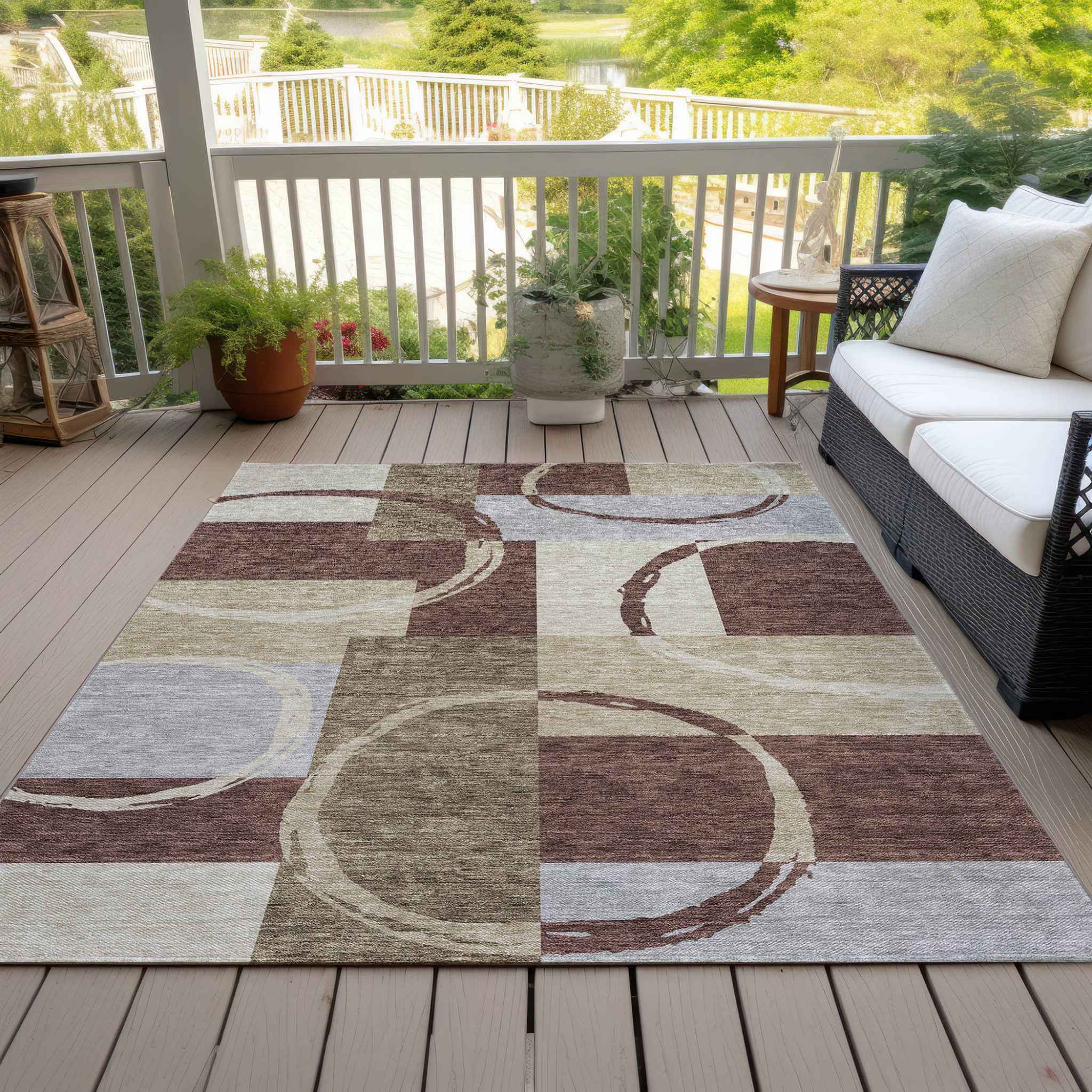 8' X 10' Brown And Ivory Geometric Washable Indoor Outdoor Area Rug