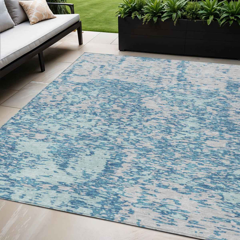 5' X 8' Teal Blue And Ivory Abstract Washable Indoor Outdoor Area Rug