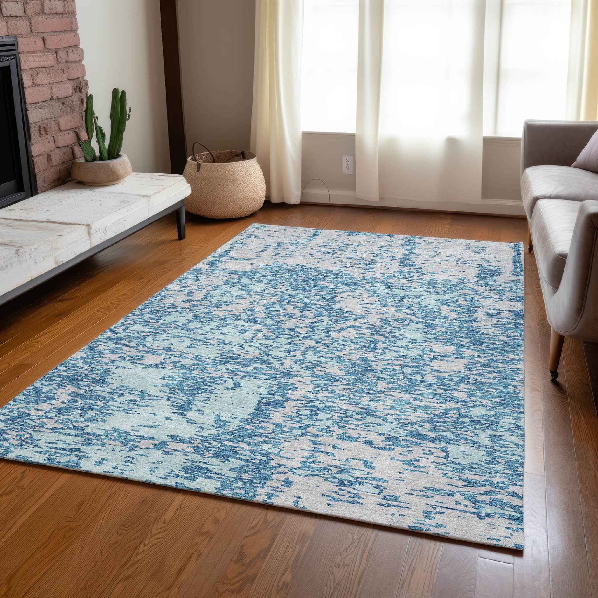 5' X 8' Teal Blue And Ivory Abstract Washable Indoor Outdoor Area Rug