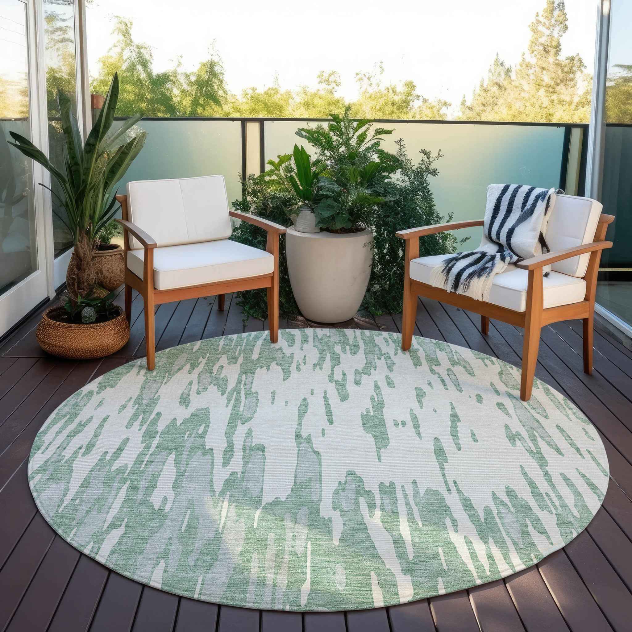 8' Sage And Ivory Round Abstract Washable Indoor Outdoor Area Rug