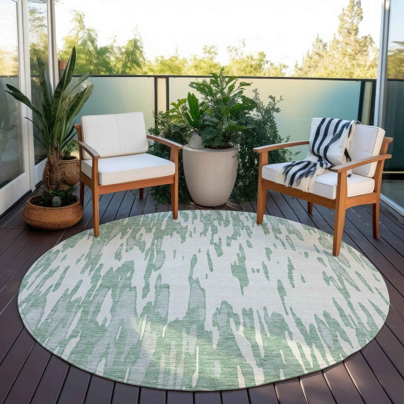 8' Sage And Ivory Round Abstract Washable Indoor Outdoor Area Rug
