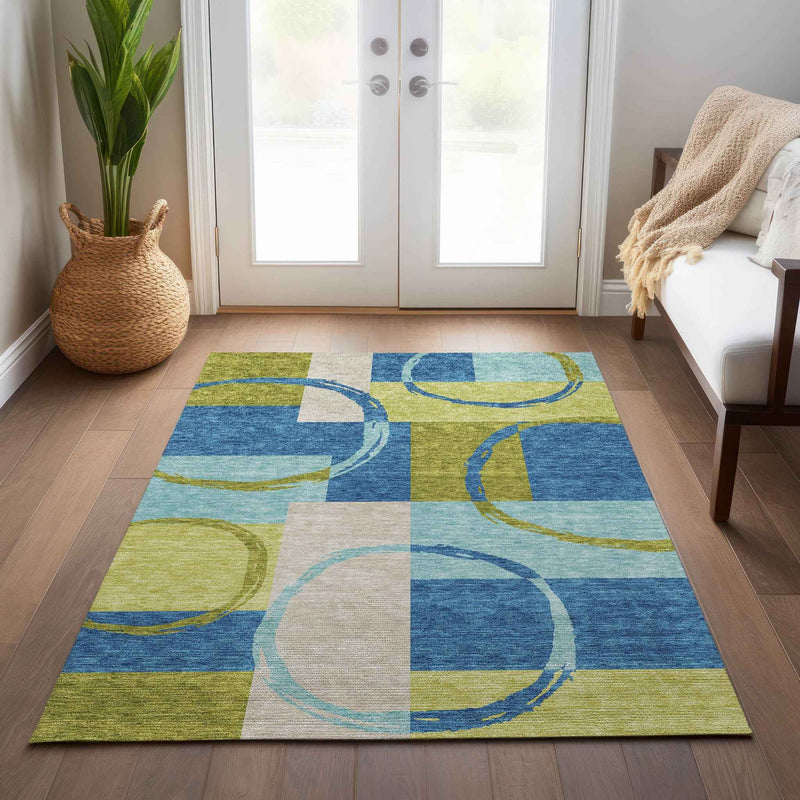 8' X 10' Denim Blue And Lime Green Geometric Washable Indoor Outdoor Area Rug