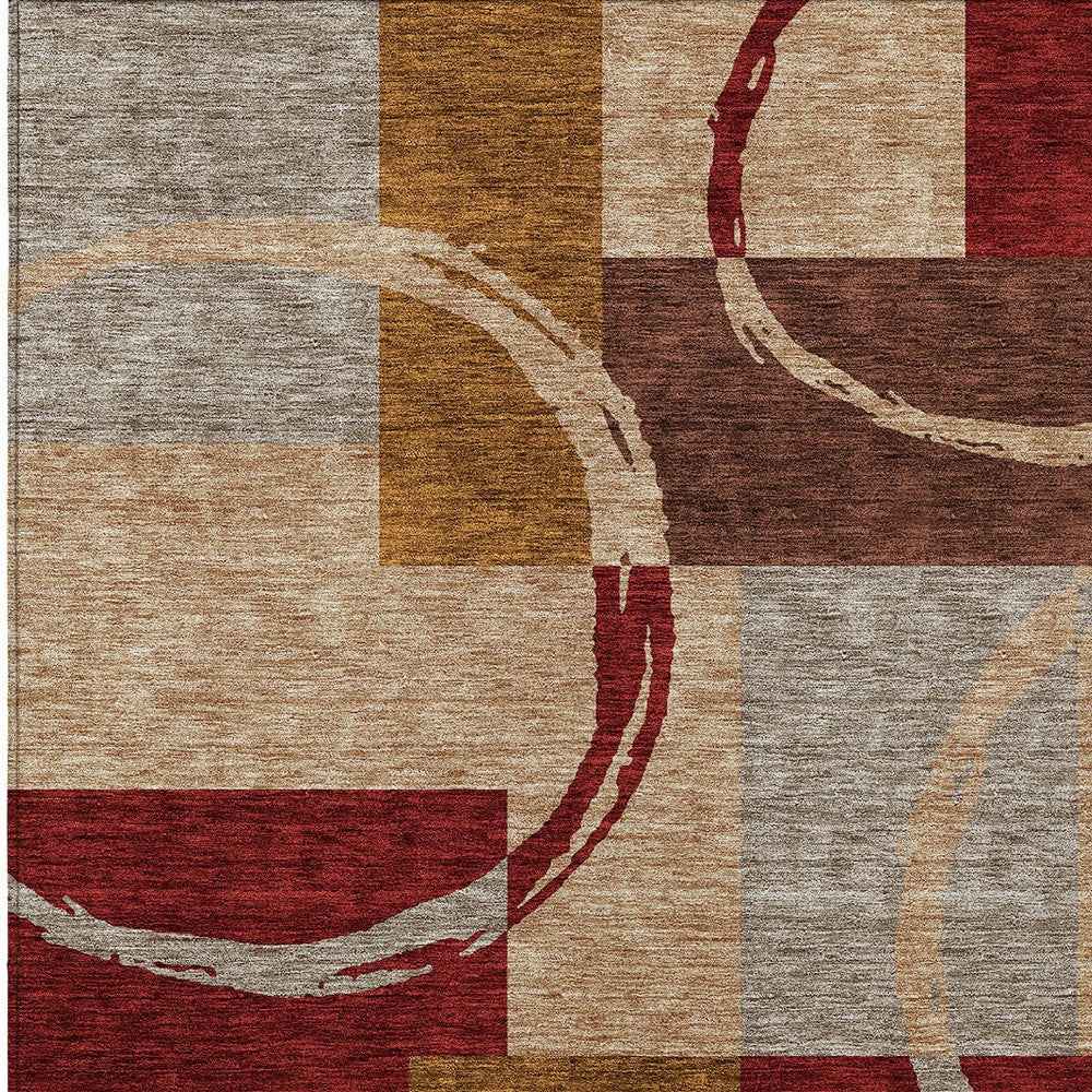 10' X 14' Wheat And Burgundy Geometric Washable Indoor Outdoor Area Rug