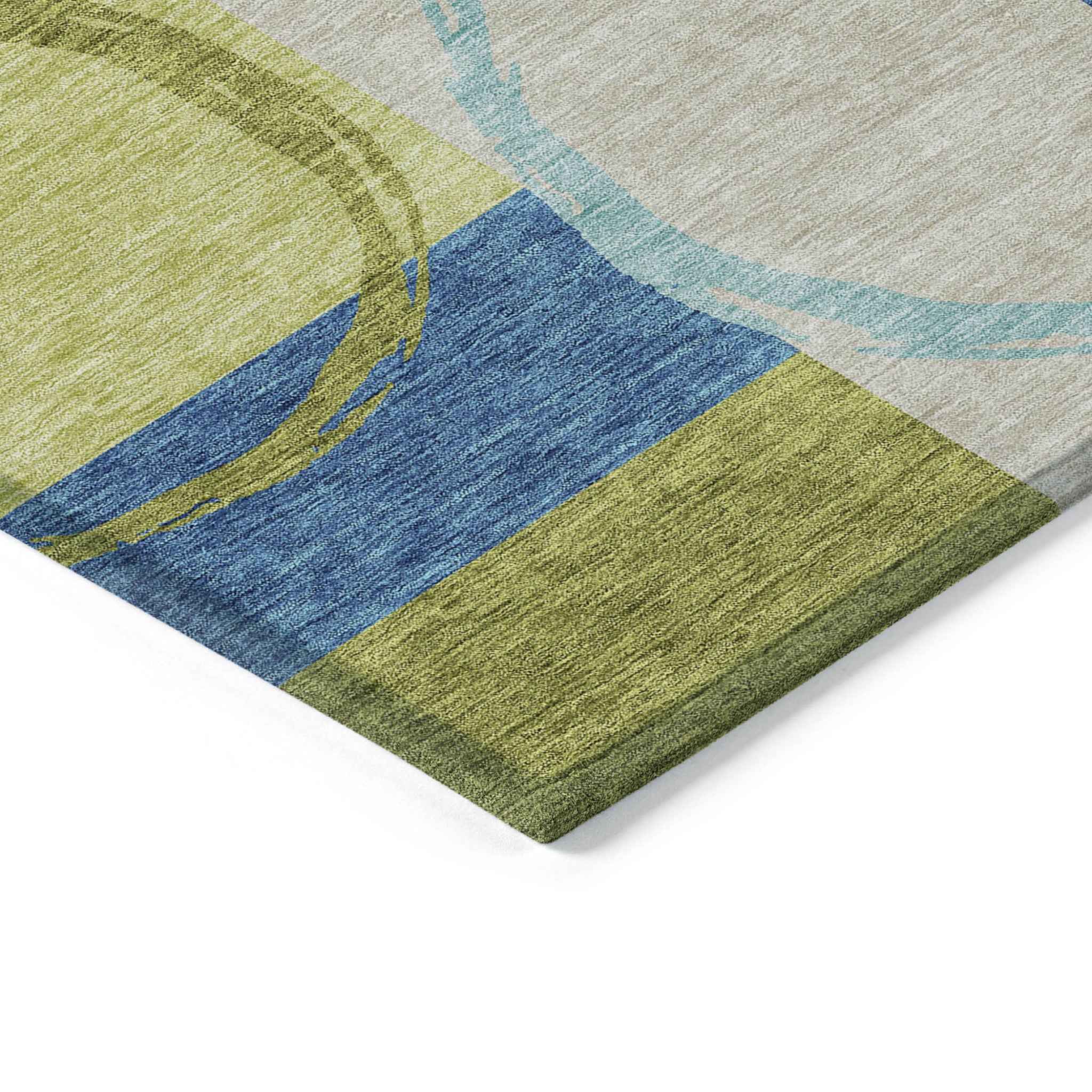8' X 10' Denim Blue And Lime Green Geometric Washable Indoor Outdoor Area Rug