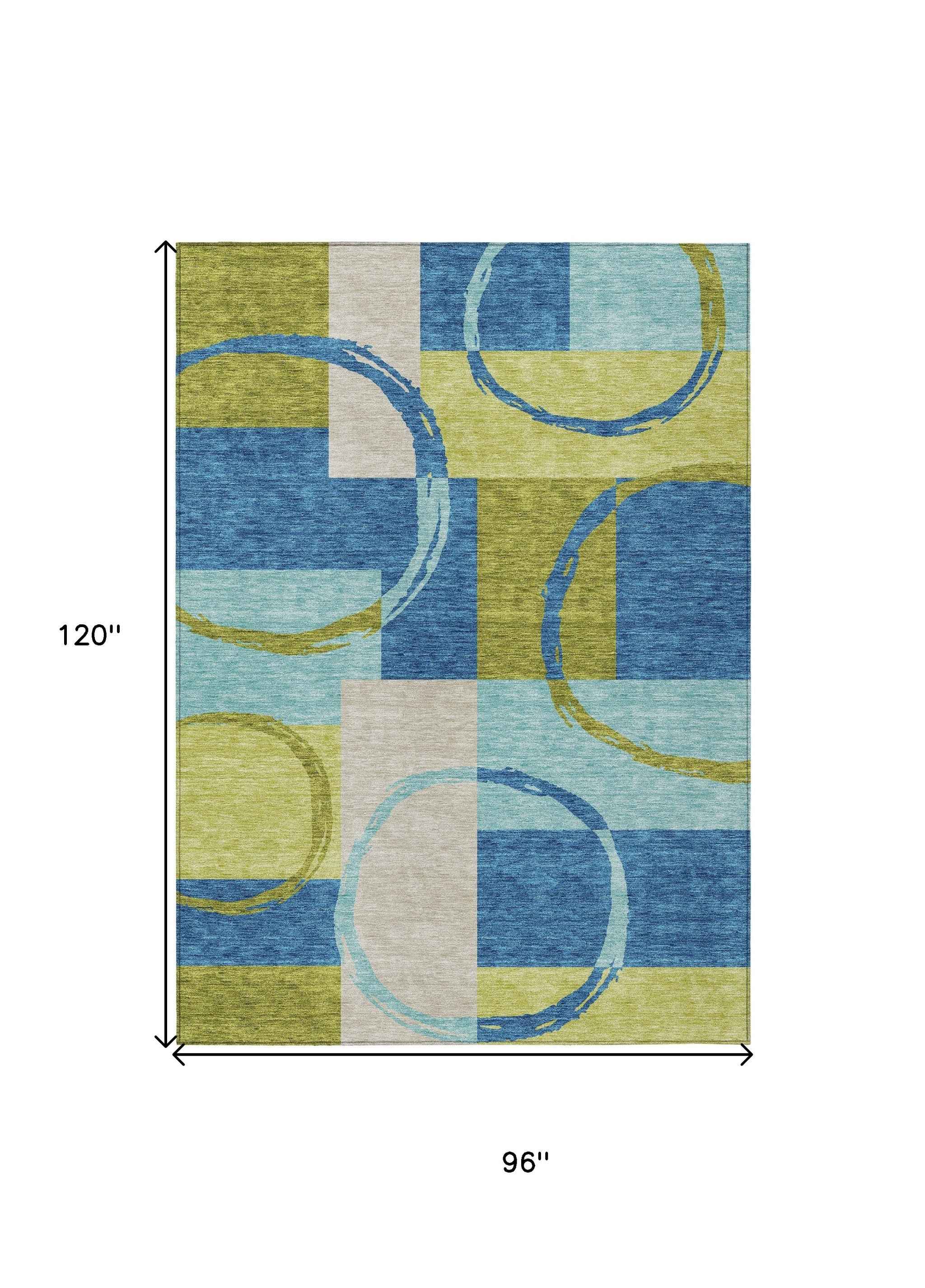 8' X 10' Denim Blue And Lime Green Geometric Washable Indoor Outdoor Area Rug