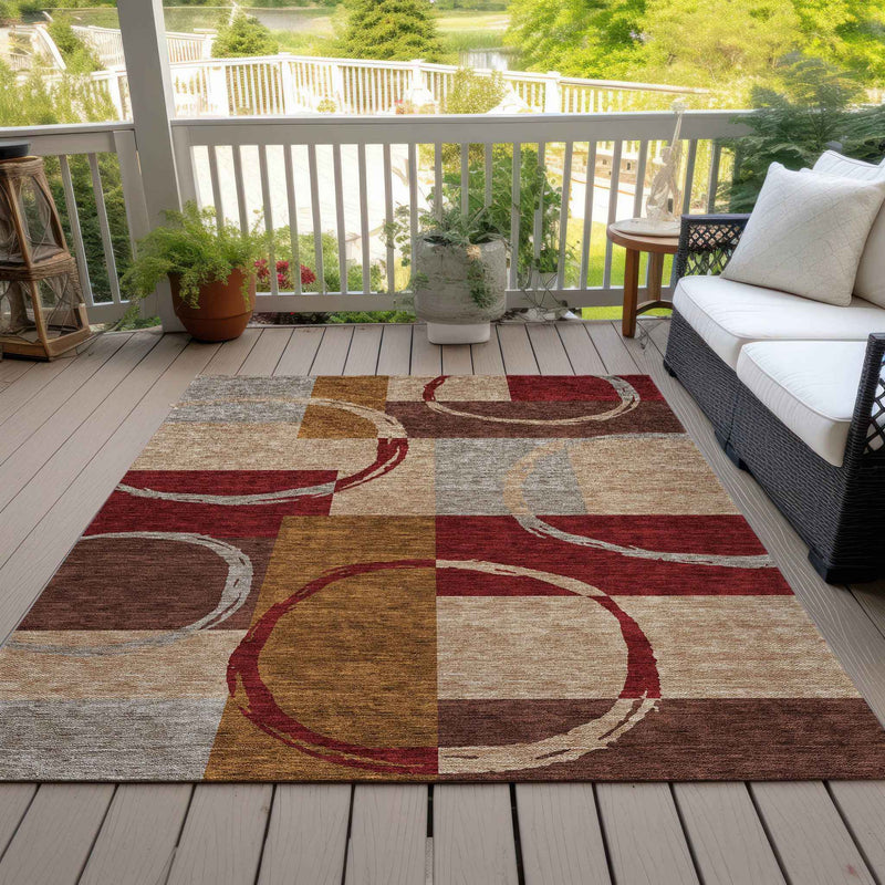 10' X 14' Wheat And Burgundy Geometric Washable Indoor Outdoor Area Rug