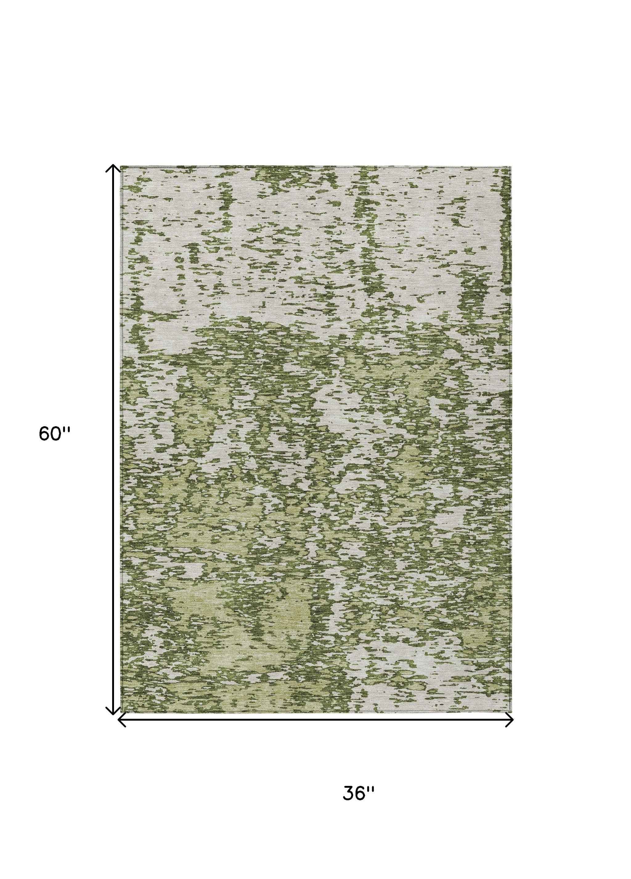 3' X 5' Olive Green And Ivory Abstract Washable Indoor Outdoor Area Rug
