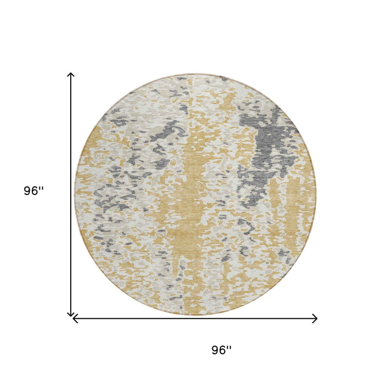 8' Gold And Ivory Round Abstract Washable Indoor Outdoor Area Rug