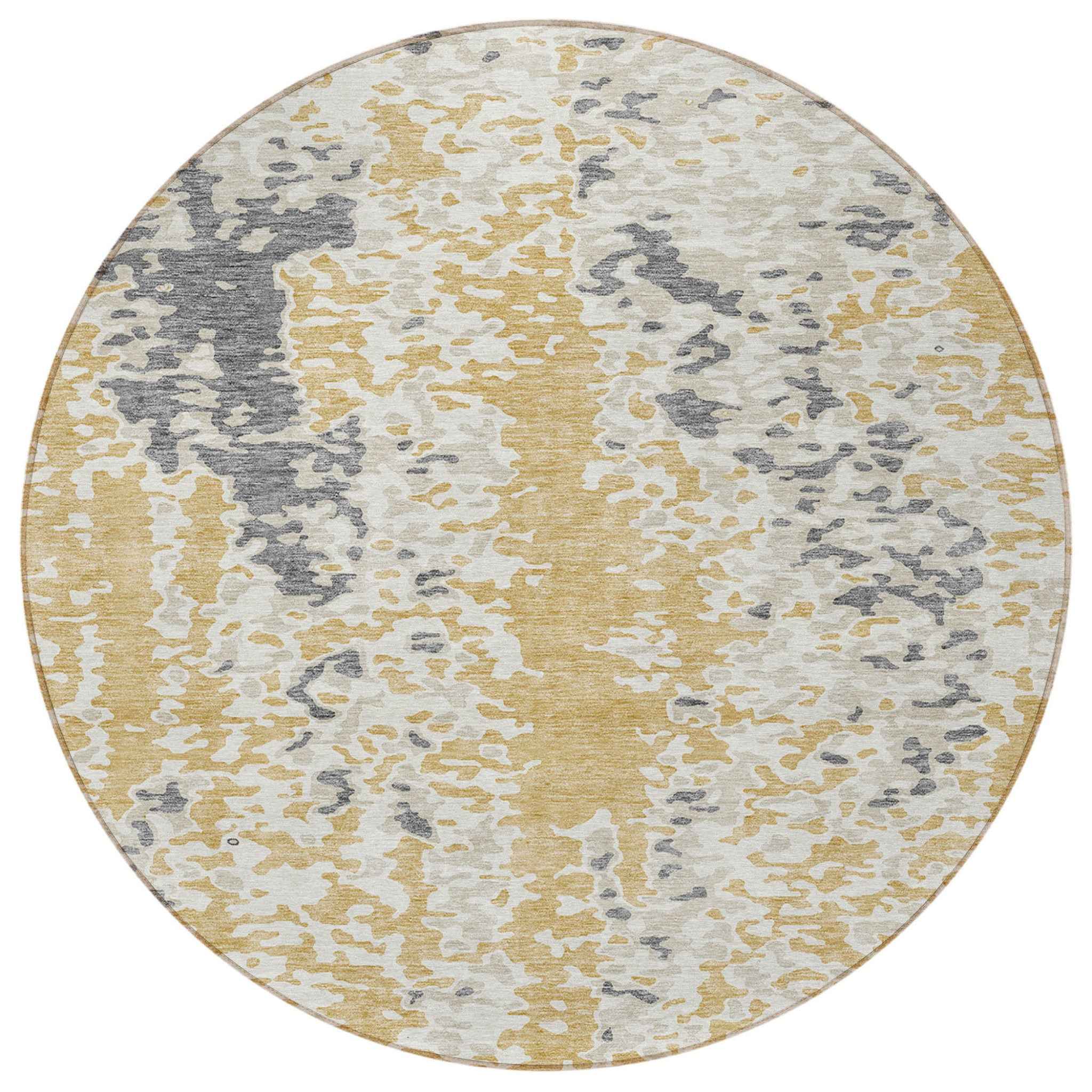 8' Gold And Ivory Round Abstract Washable Indoor Outdoor Area Rug