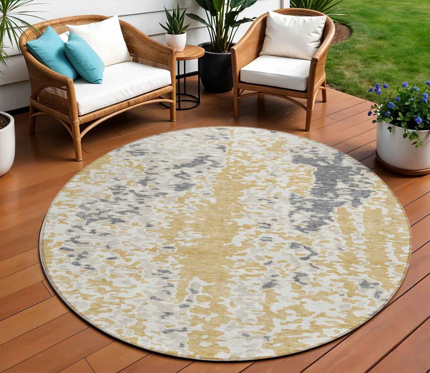 8' Gold And Ivory Round Abstract Washable Indoor Outdoor Area Rug