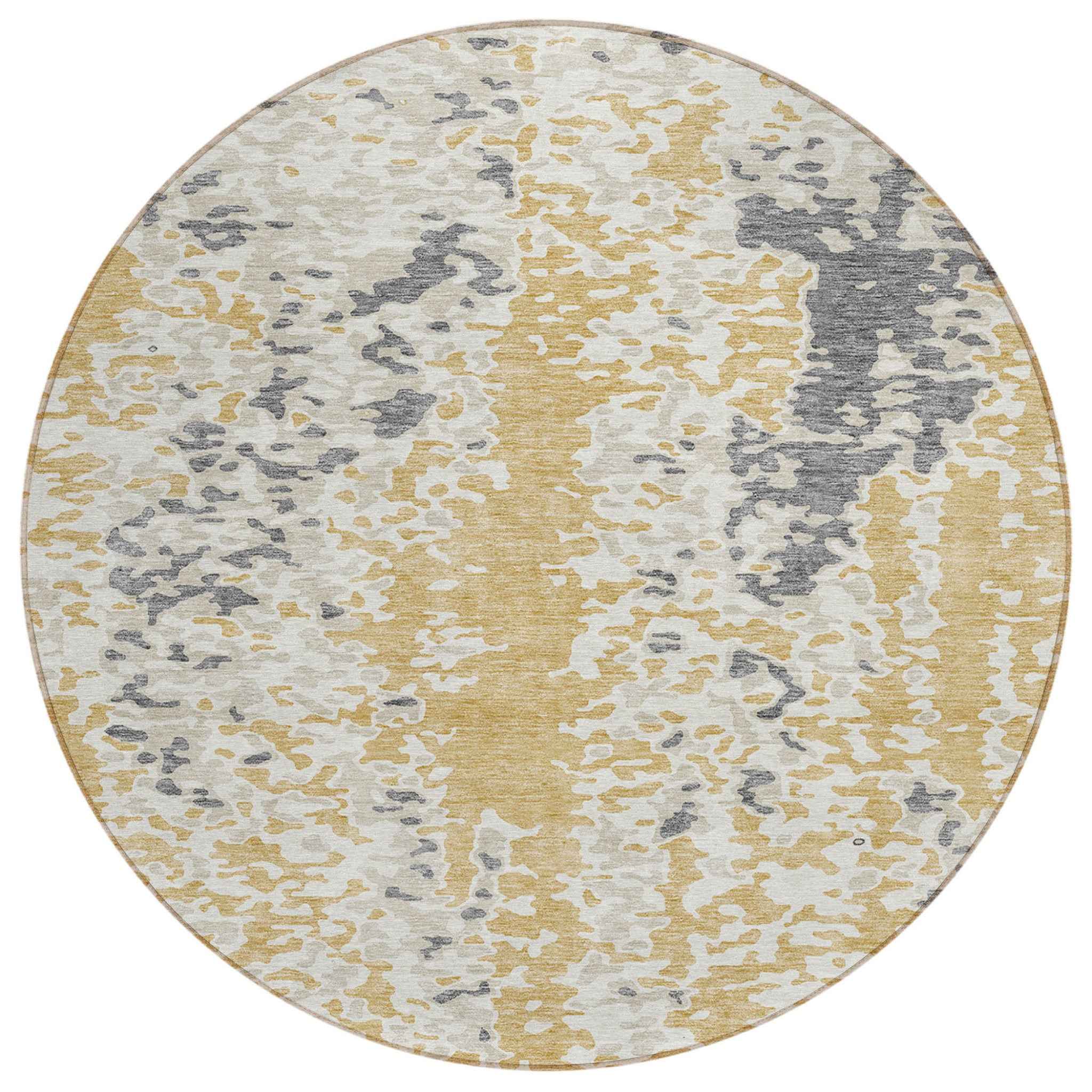 8' Gold And Ivory Round Abstract Washable Indoor Outdoor Area Rug