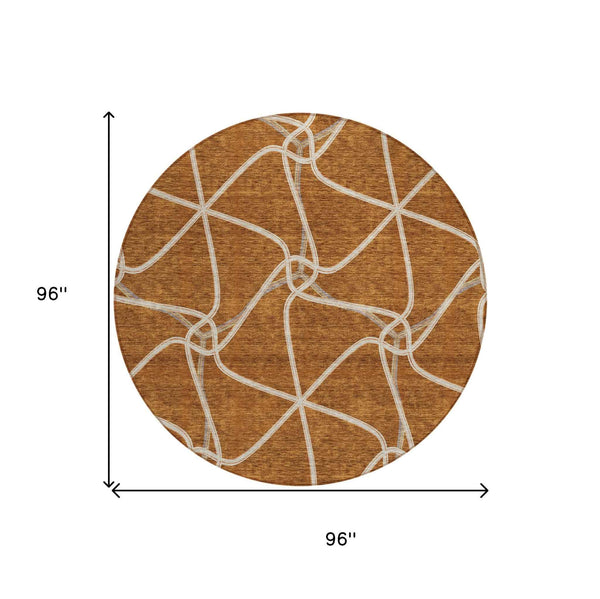 8' Orange And Ivory Round Geometric Washable Indoor Outdoor Area Rug