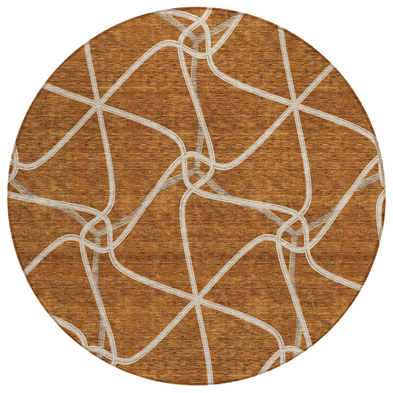 8' Orange And Ivory Round Geometric Washable Indoor Outdoor Area Rug