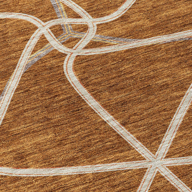 8' Orange And Ivory Round Geometric Washable Indoor Outdoor Area Rug