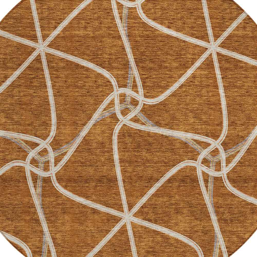 8' Orange And Ivory Round Geometric Washable Indoor Outdoor Area Rug