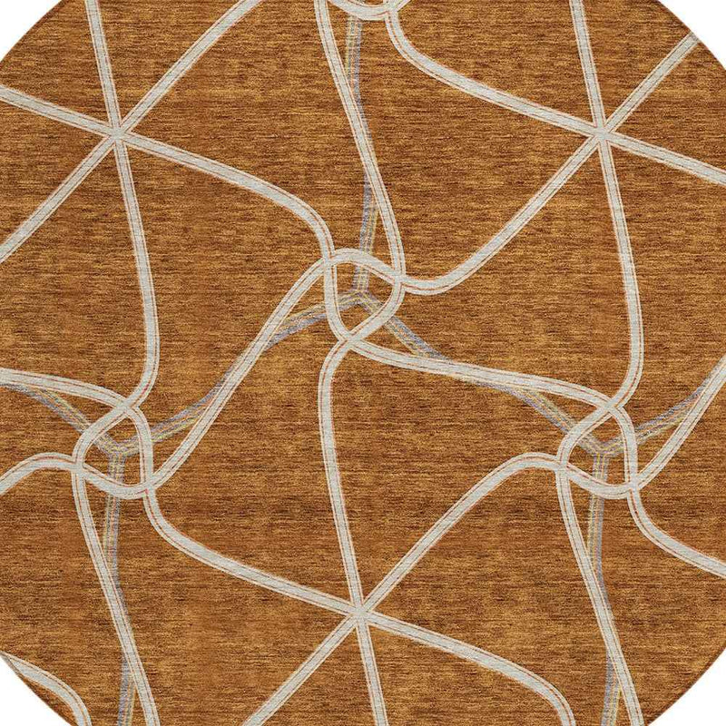 8' Orange And Ivory Round Geometric Washable Indoor Outdoor Area Rug