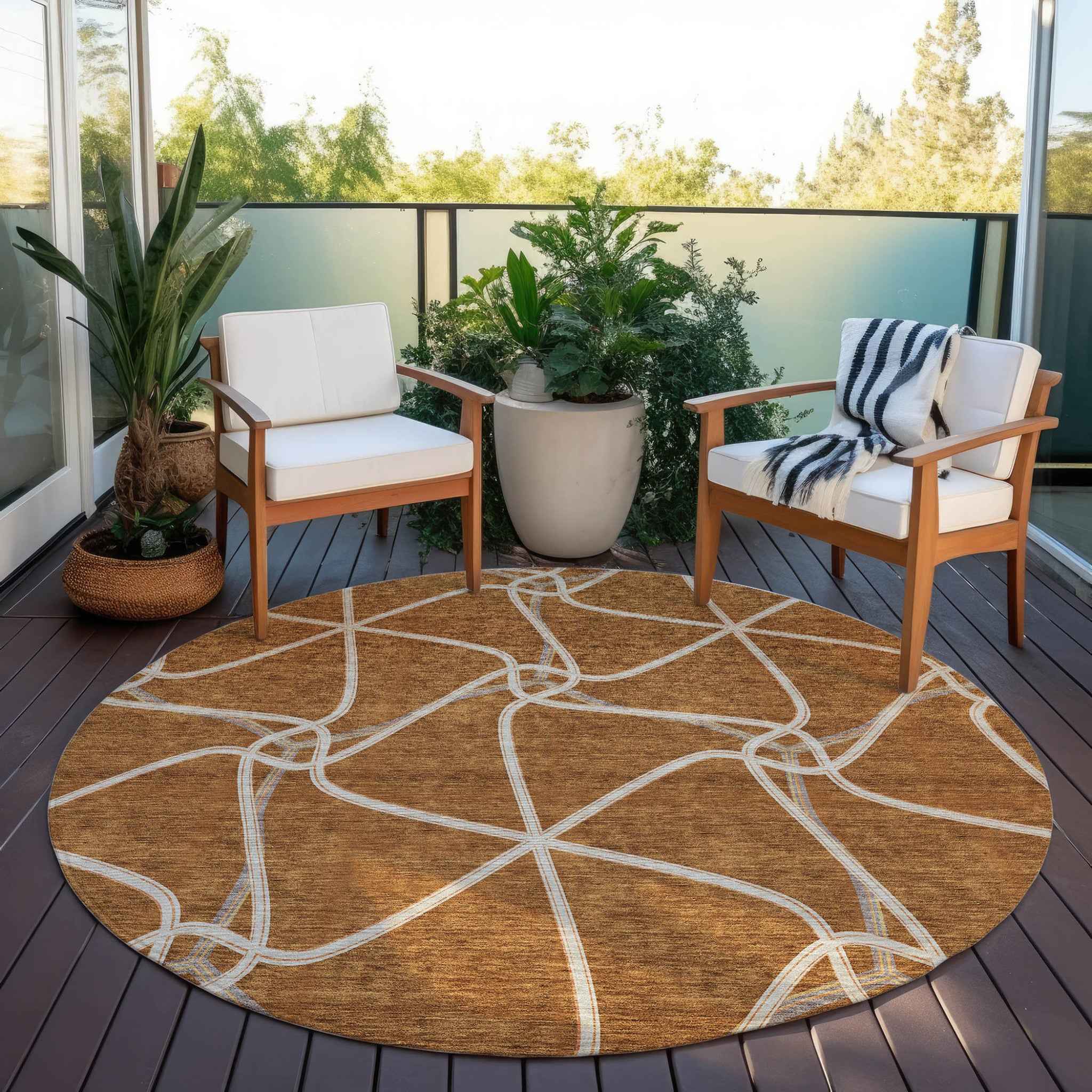 8' Orange And Ivory Round Geometric Washable Indoor Outdoor Area Rug