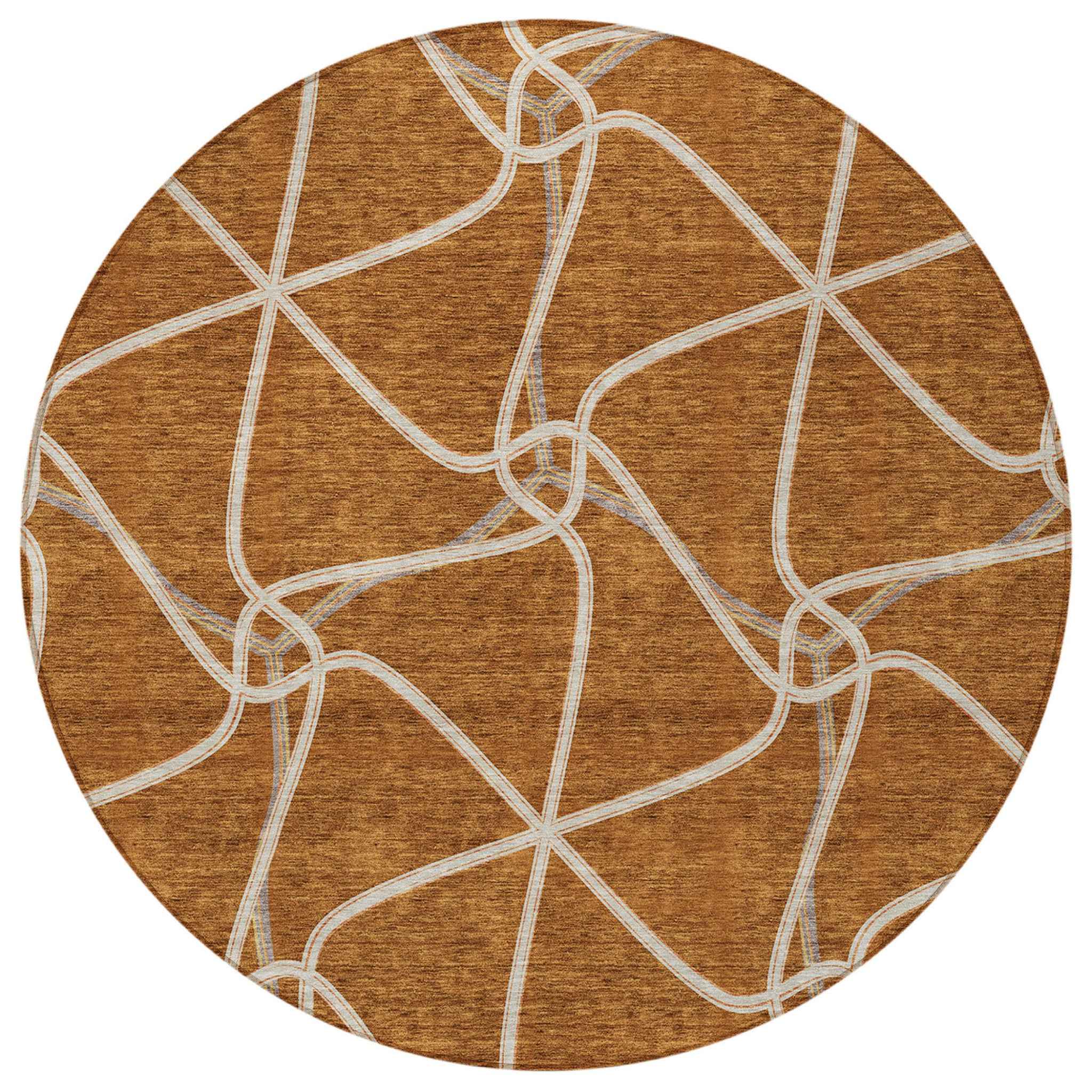 8' Orange And Ivory Round Geometric Washable Indoor Outdoor Area Rug
