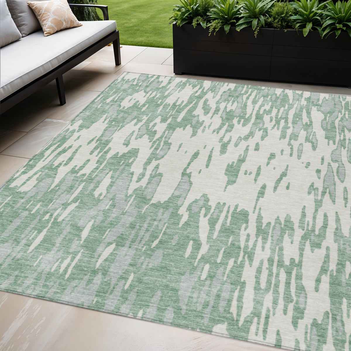5' X 8' Sage And Ivory Abstract Washable Indoor Outdoor Area Rug