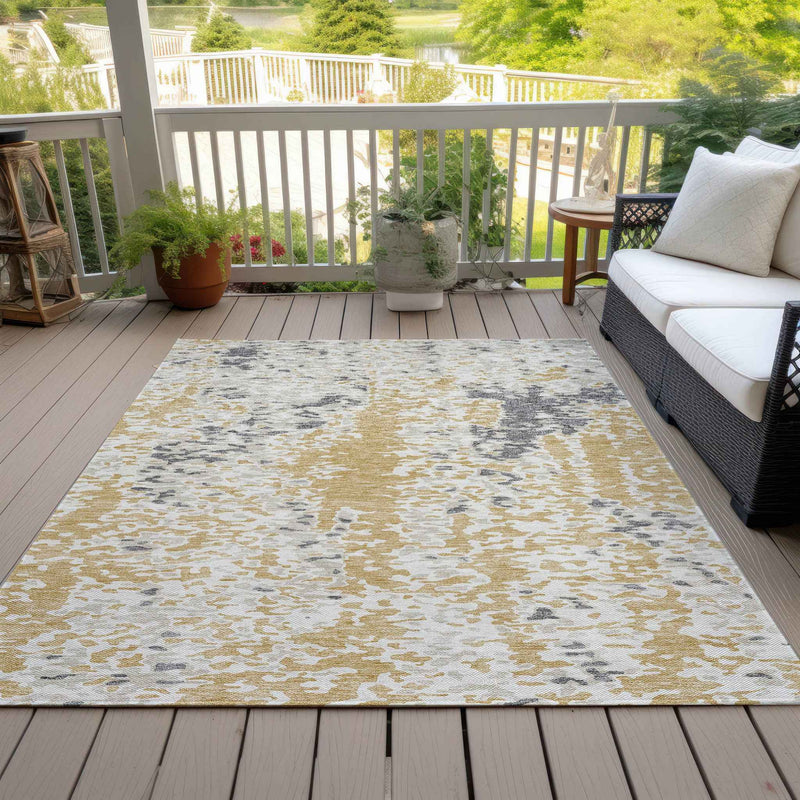3' X 5' Gold And Ivory Abstract Washable Indoor Outdoor Area Rug
