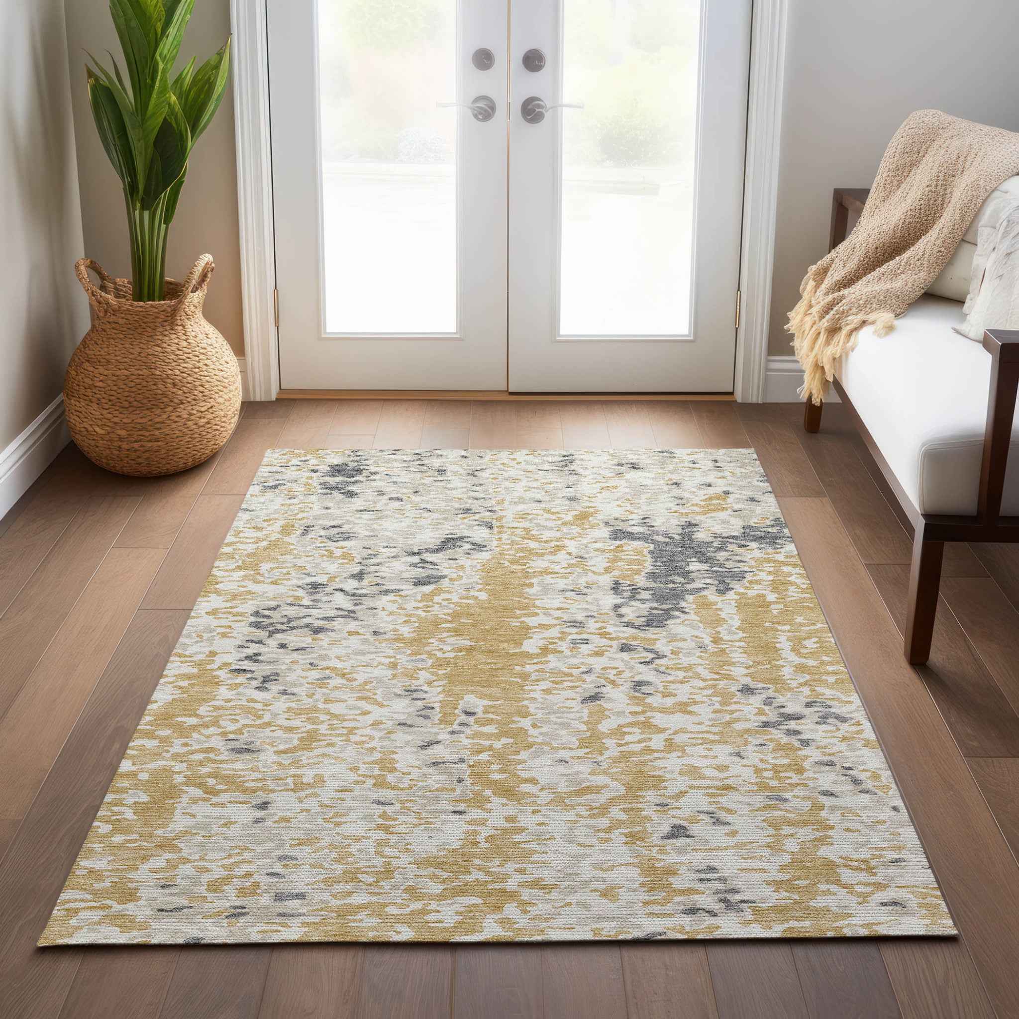 3' X 5' Gold And Ivory Abstract Washable Indoor Outdoor Area Rug
