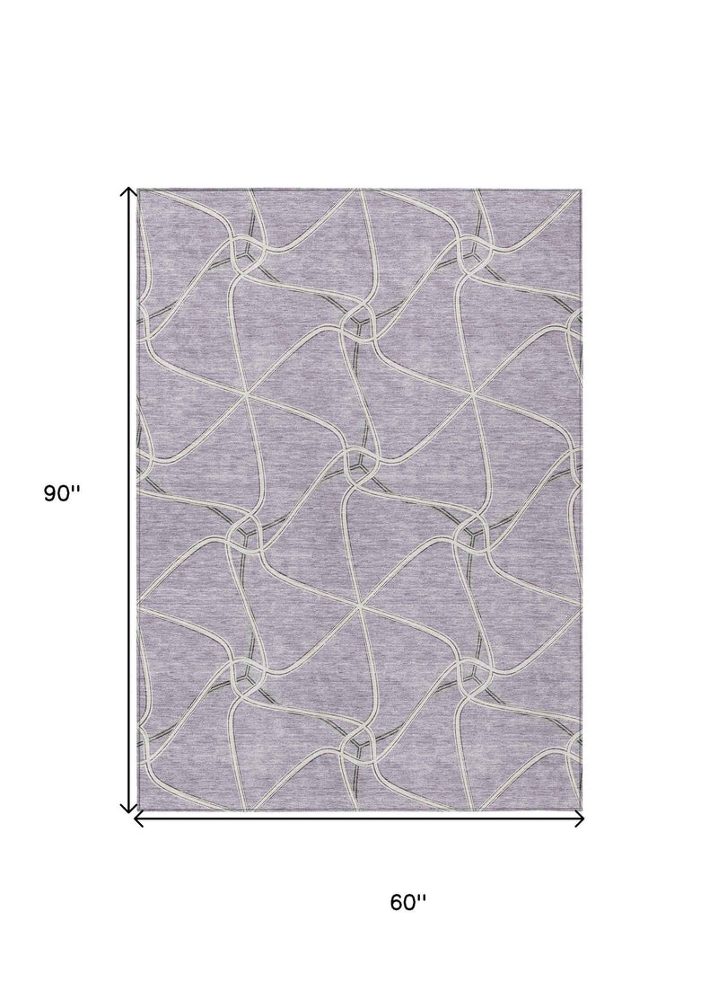 5' X 8' Lavender And Ivory Geometric Washable Indoor Outdoor Area Rug