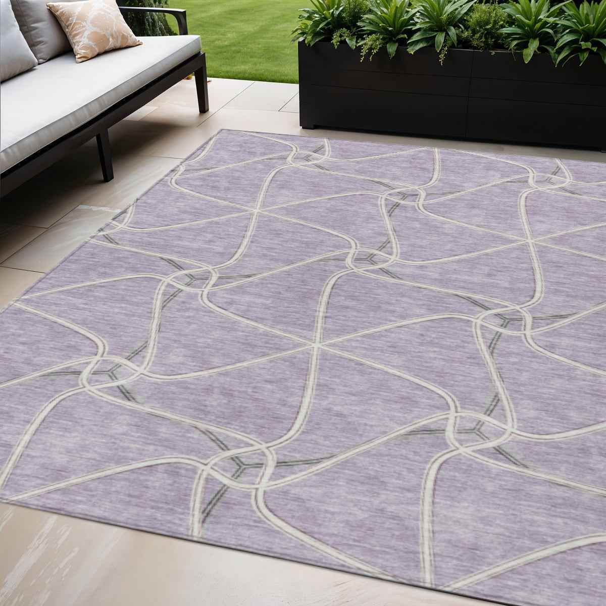 5' X 8' Lavender And Ivory Geometric Washable Indoor Outdoor Area Rug
