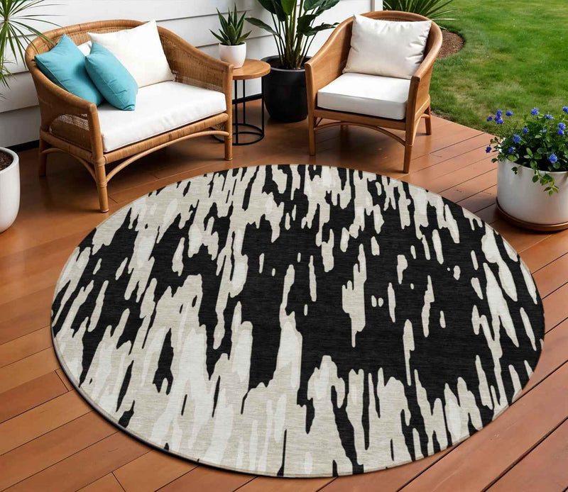 8' Black And Ivory Round Abstract Washable Indoor Outdoor Area Rug