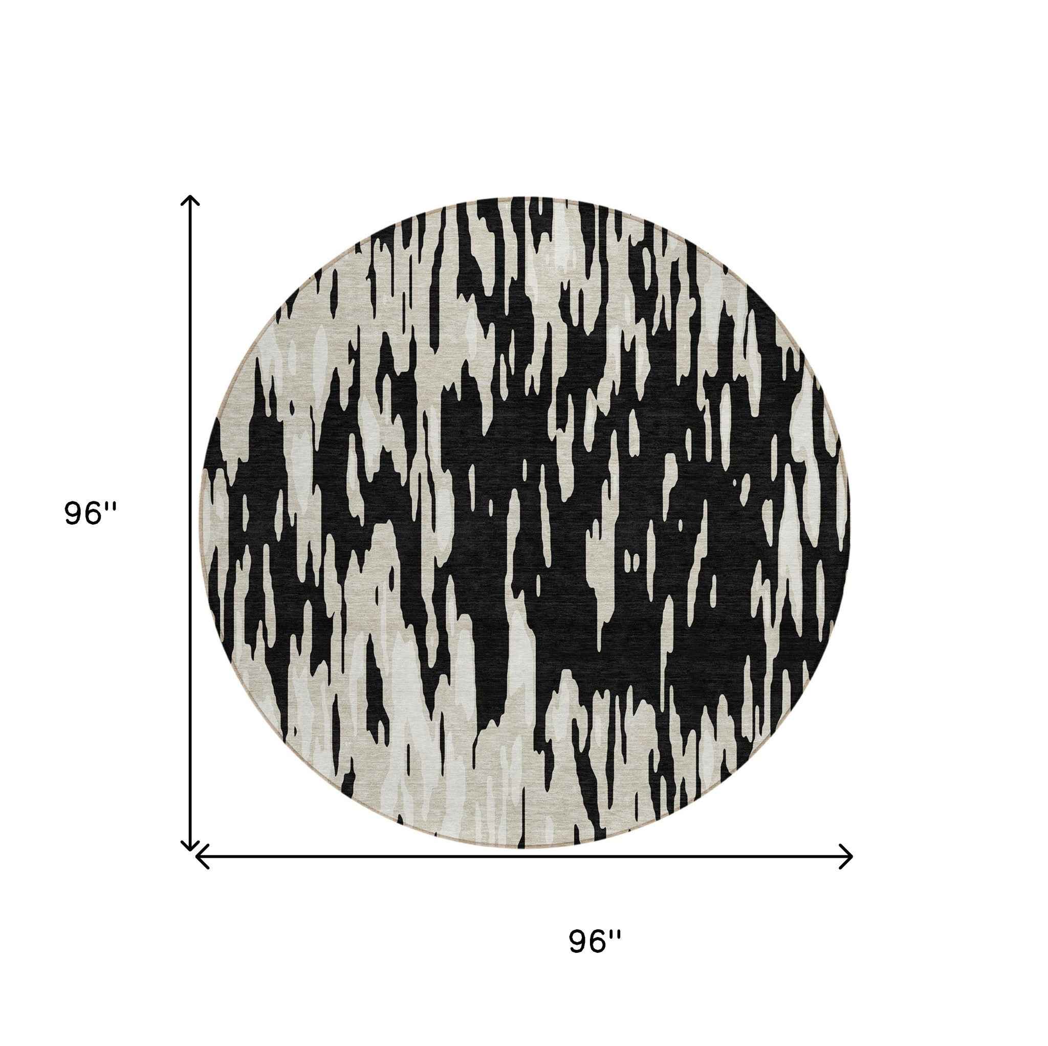 8' Black And Ivory Round Abstract Washable Indoor Outdoor Area Rug