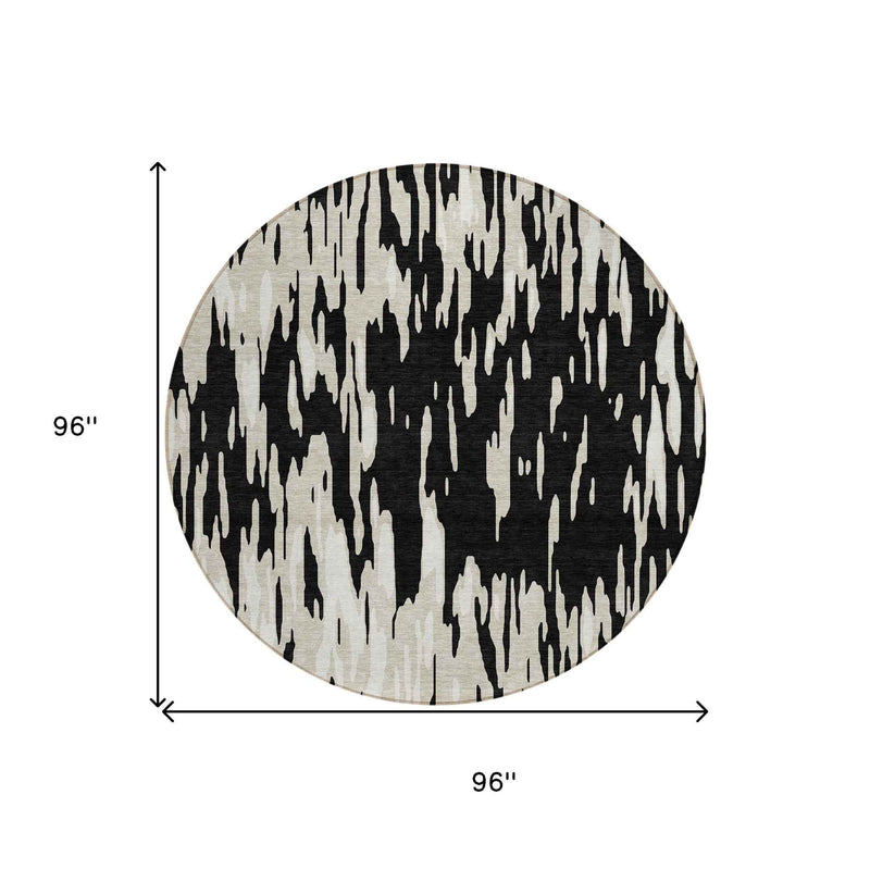 8' Black And Ivory Round Abstract Washable Indoor Outdoor Area Rug