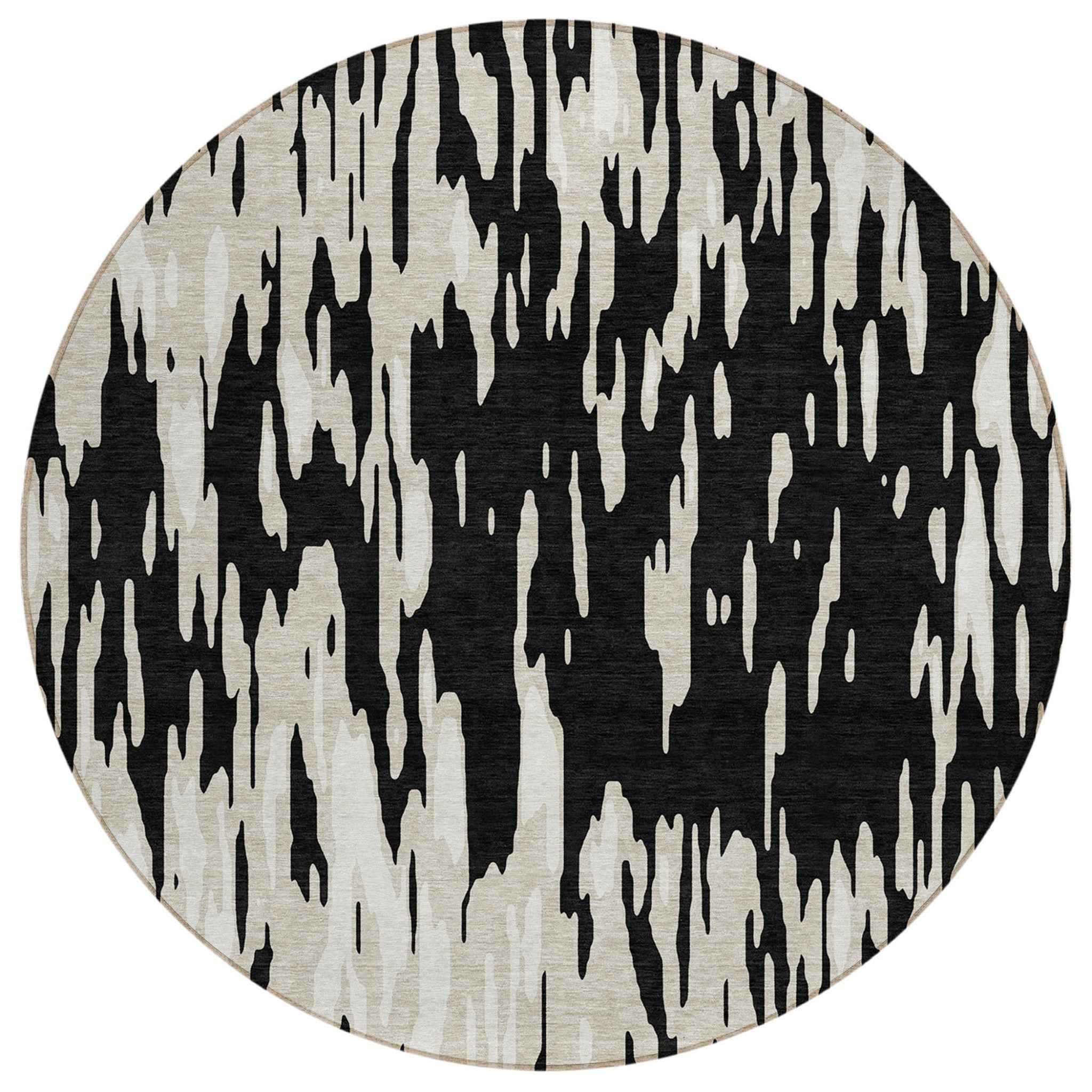 8' Black And Ivory Round Abstract Washable Indoor Outdoor Area Rug