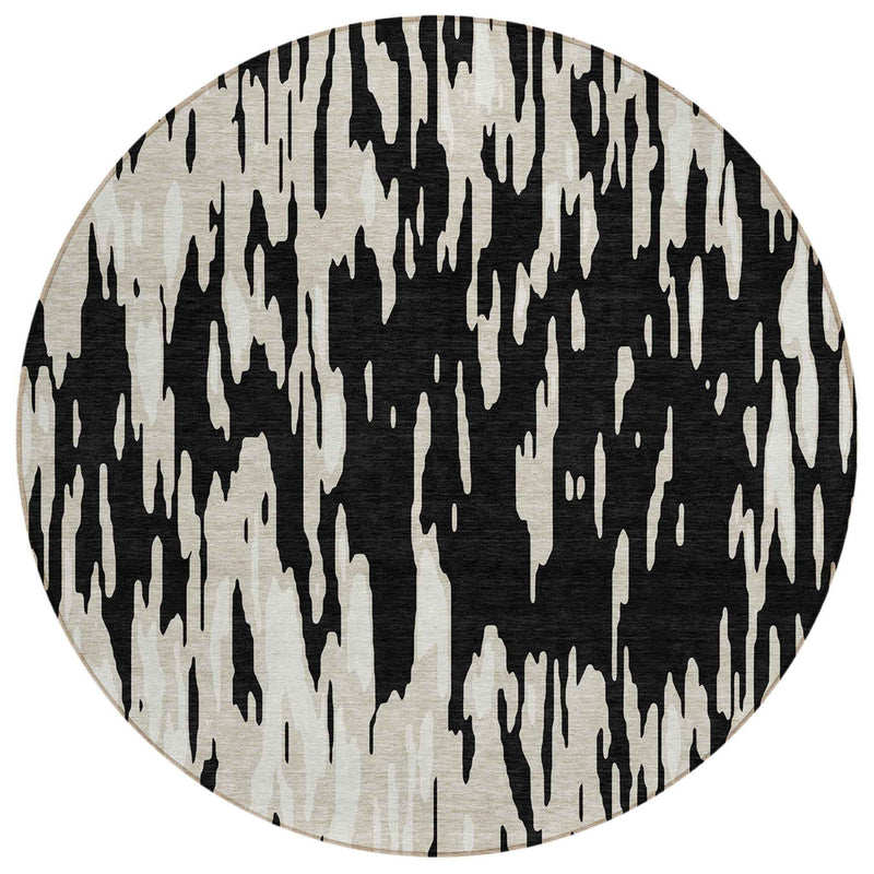 8' Black And Ivory Round Abstract Washable Indoor Outdoor Area Rug