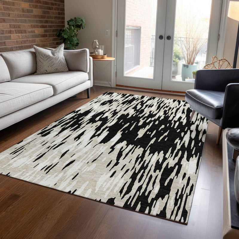 10' X 14' Black And Ivory Abstract Washable Indoor Outdoor Area Rug