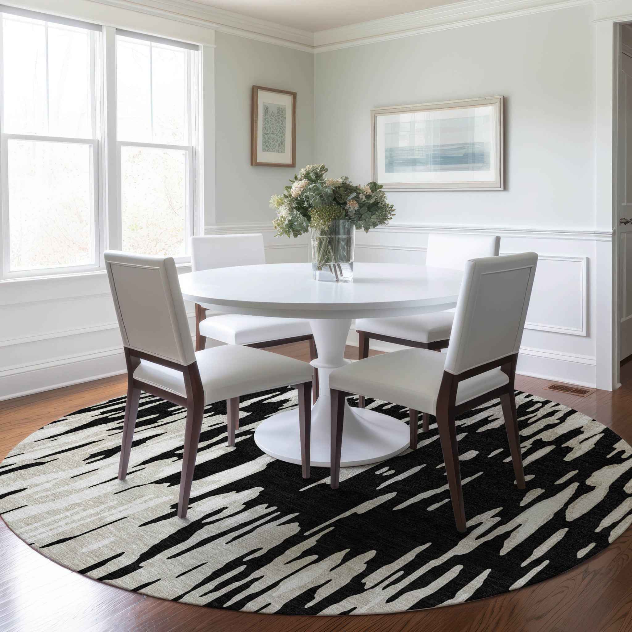 8' Black And Ivory Round Abstract Washable Indoor Outdoor Area Rug