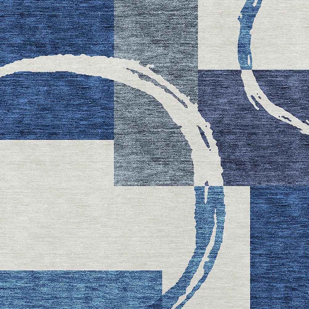 9' X 12' Blue And Ivory Geometric Washable Indoor Outdoor Area Rug