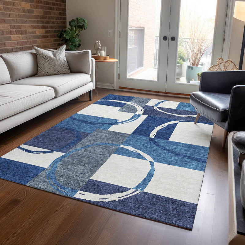 9' X 12' Blue And Ivory Geometric Washable Indoor Outdoor Area Rug