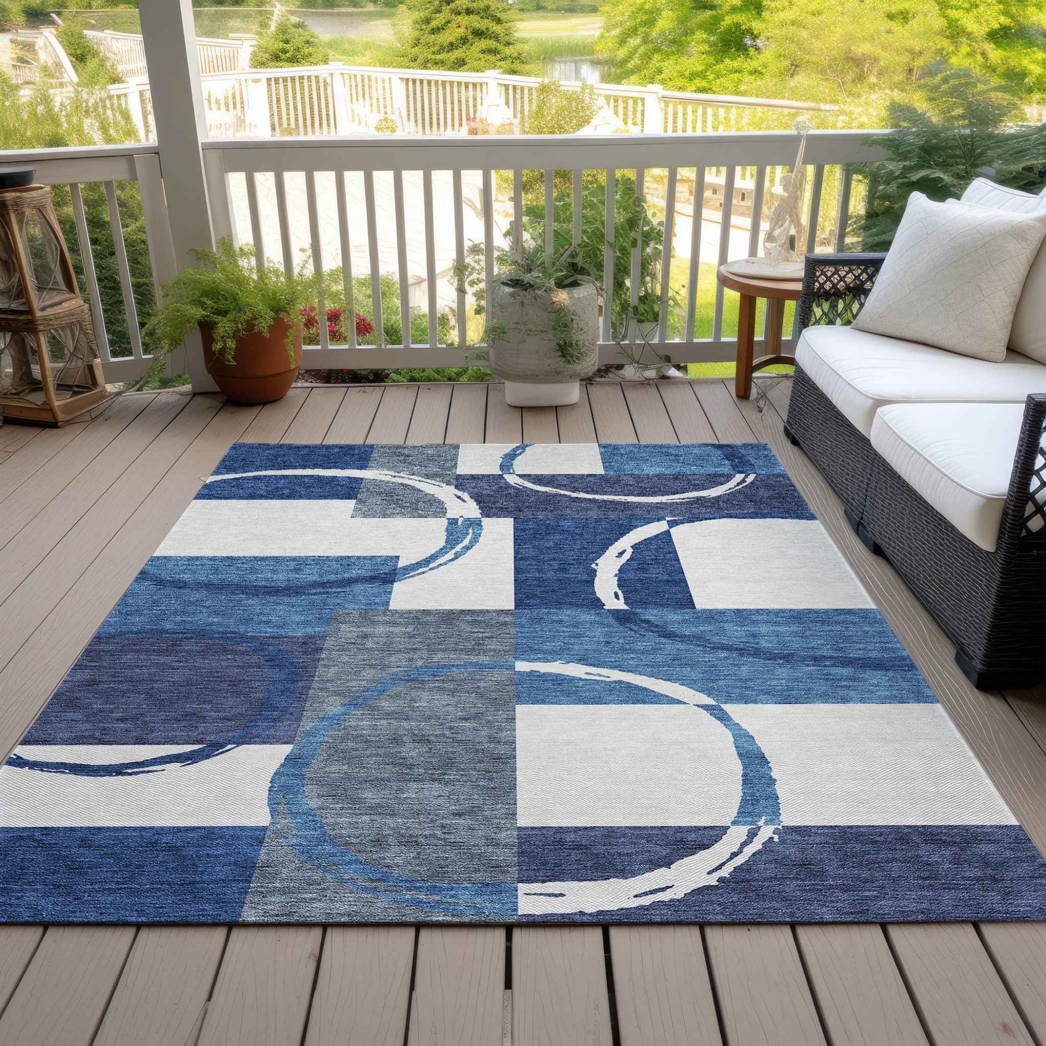 9' X 12' Blue And Ivory Geometric Washable Indoor Outdoor Area Rug
