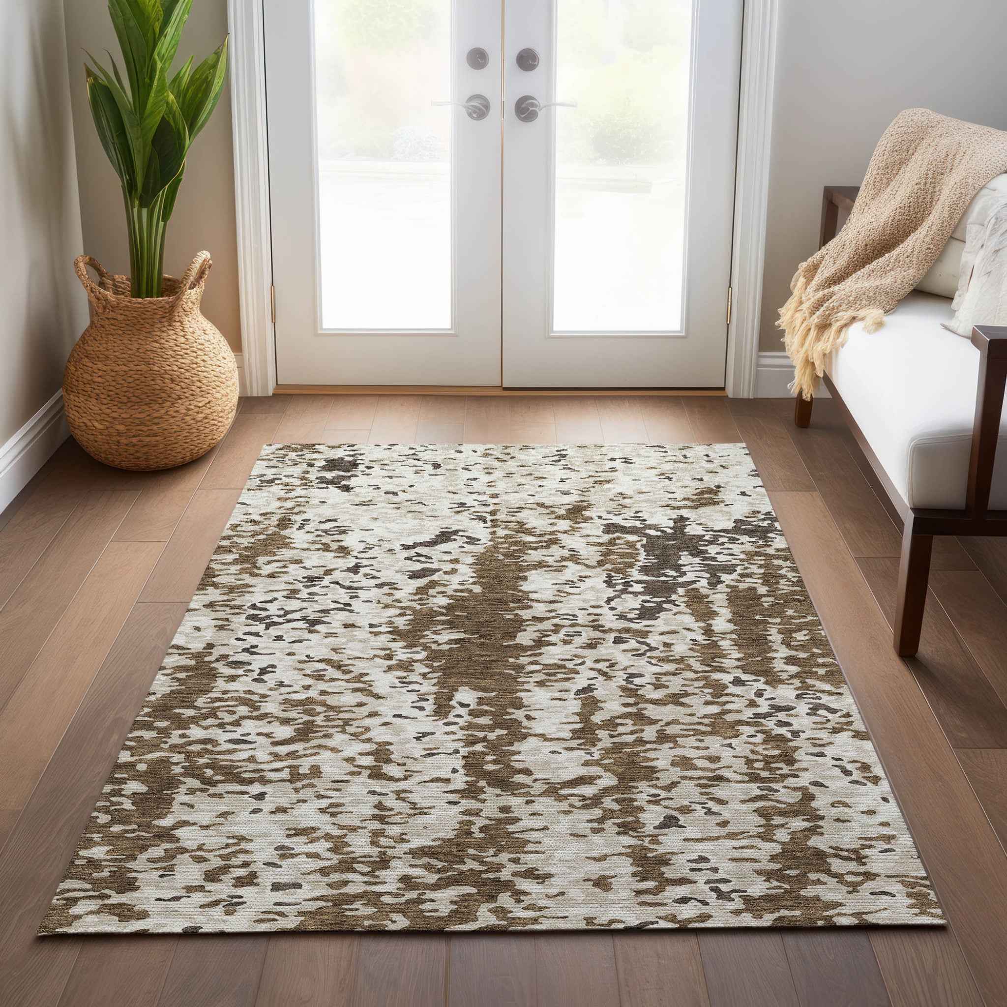 9' X 12' Brown And Ivory Abstract Washable Indoor Outdoor Area Rug