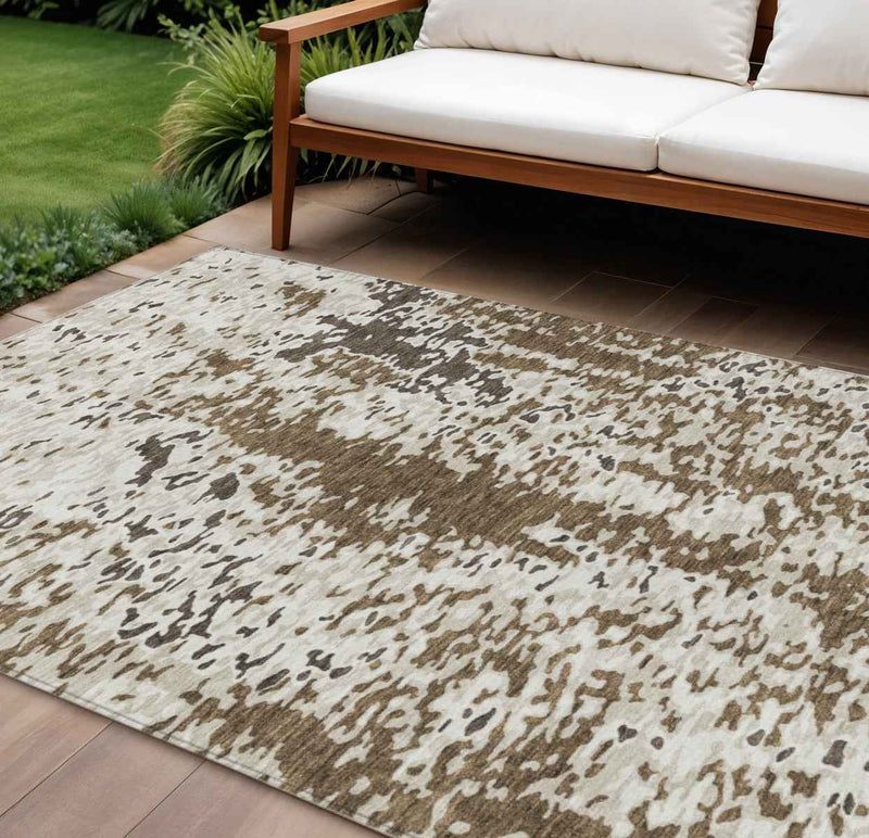9' X 12' Brown And Ivory Abstract Washable Indoor Outdoor Area Rug