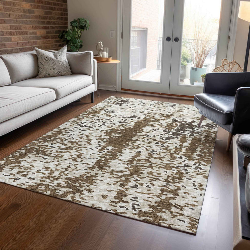 9' X 12' Brown And Ivory Abstract Washable Indoor Outdoor Area Rug