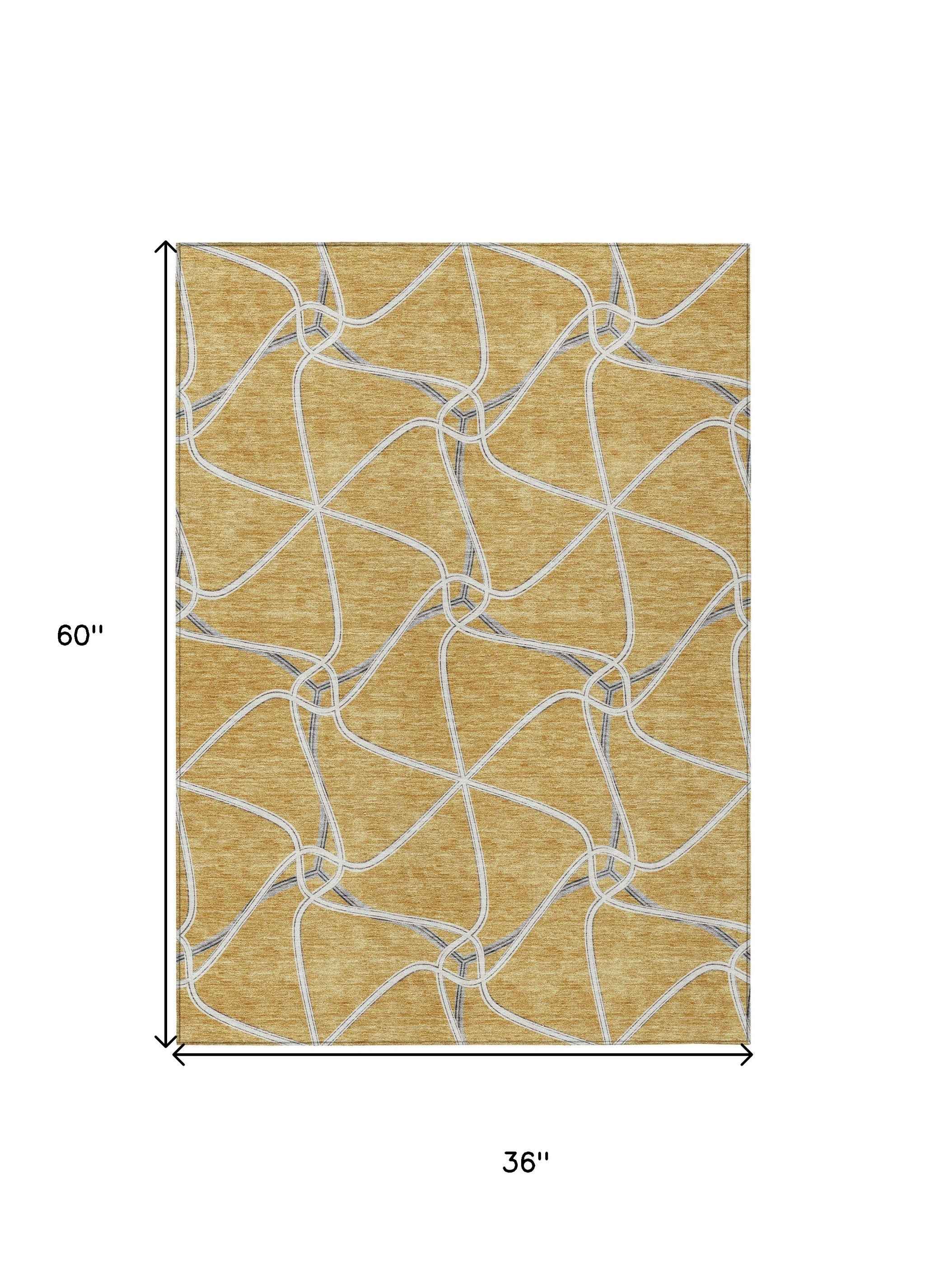 3' X 5' Gold And Ivory Geometric Washable Indoor Outdoor Area Rug