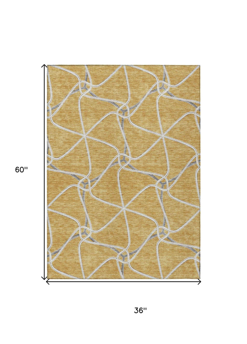 3' X 5' Gold And Ivory Geometric Washable Indoor Outdoor Area Rug