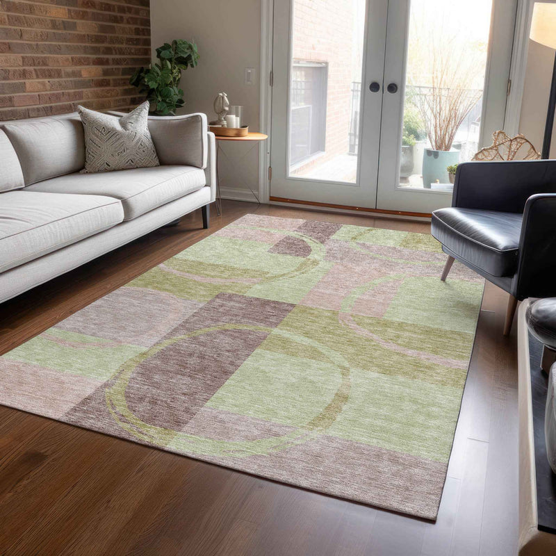 9' X 12' Blush And Mint Green Abstract Washable Indoor Outdoor Area Rug