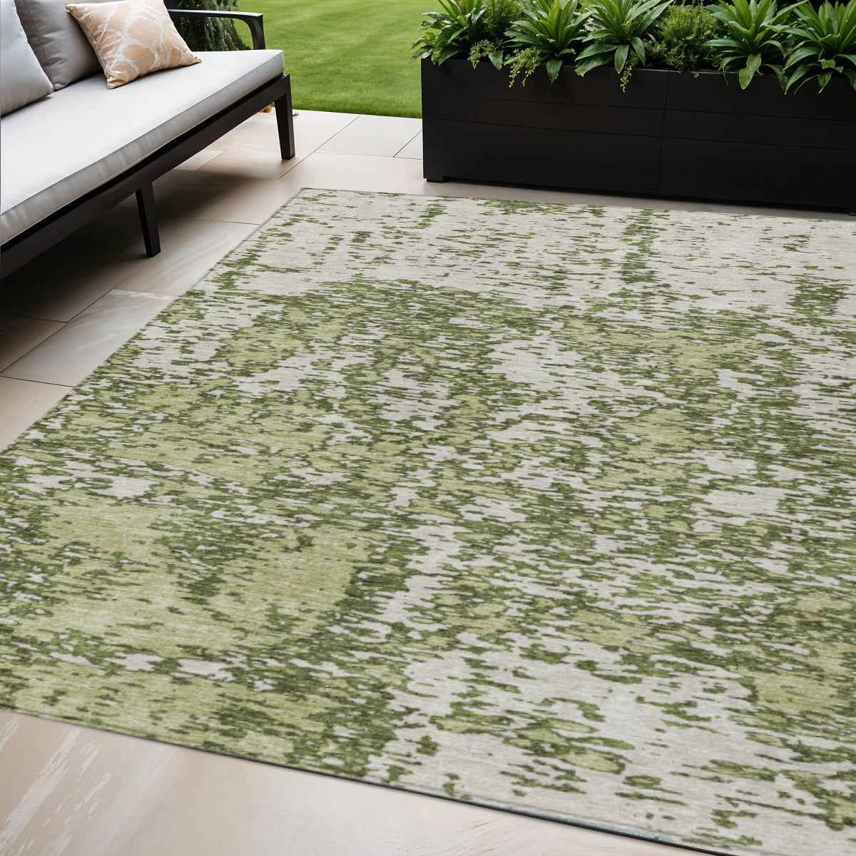 5' X 8' Olive Green And Ivory Abstract Washable Indoor Outdoor Area Rug
