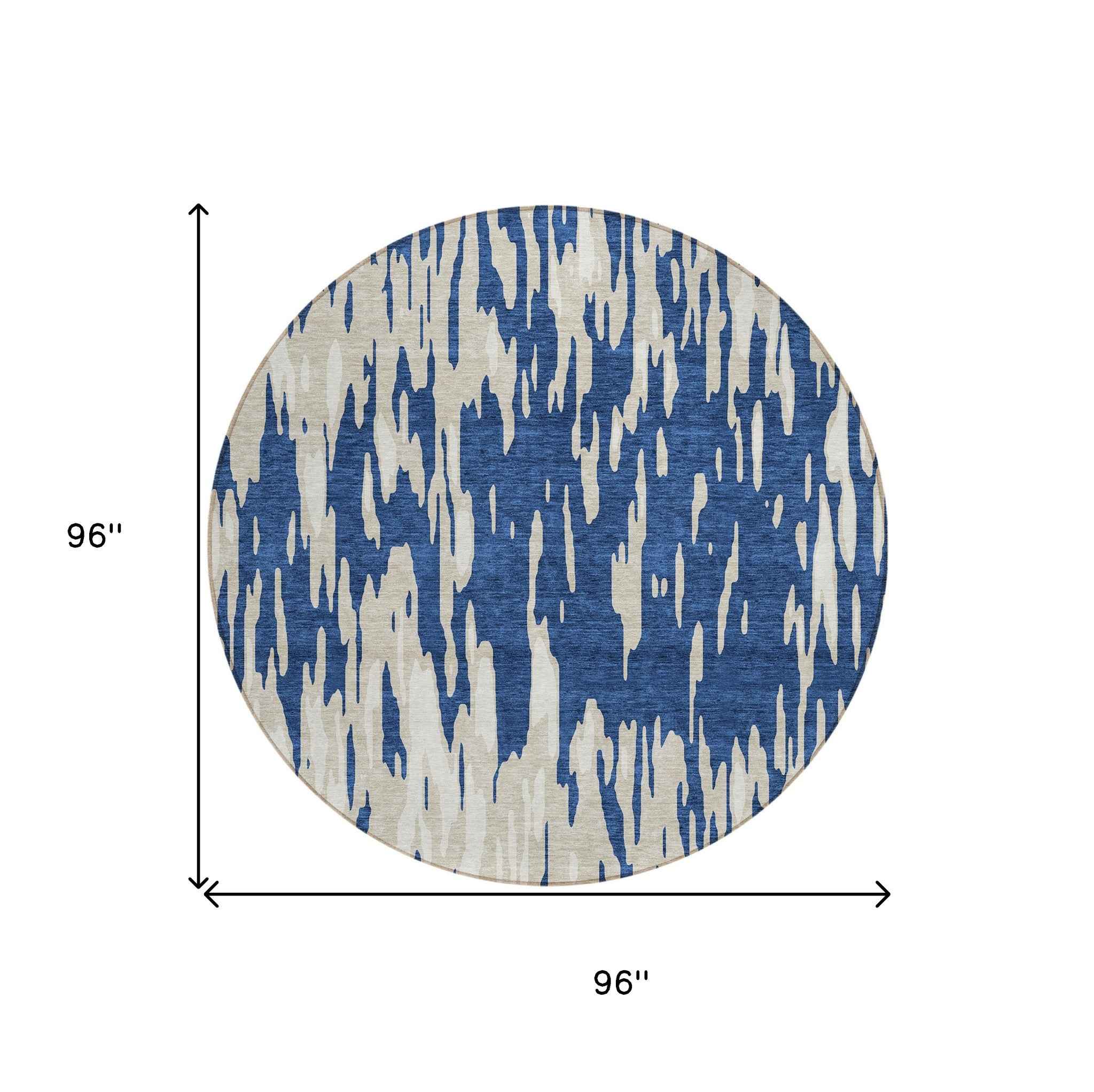 8' Navy Blue And Ivory Round Abstract Washable Indoor Outdoor Area Rug