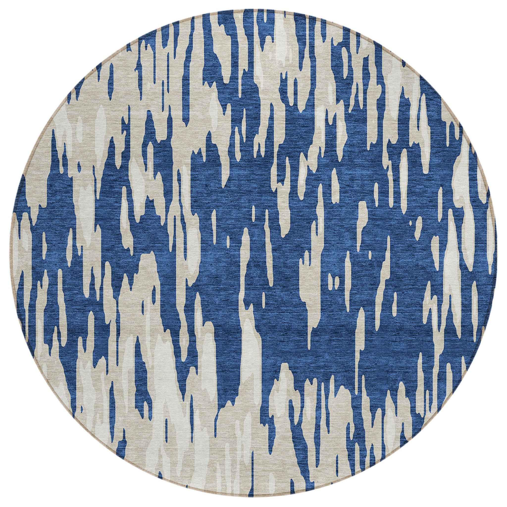 8' Navy Blue And Ivory Round Abstract Washable Indoor Outdoor Area Rug
