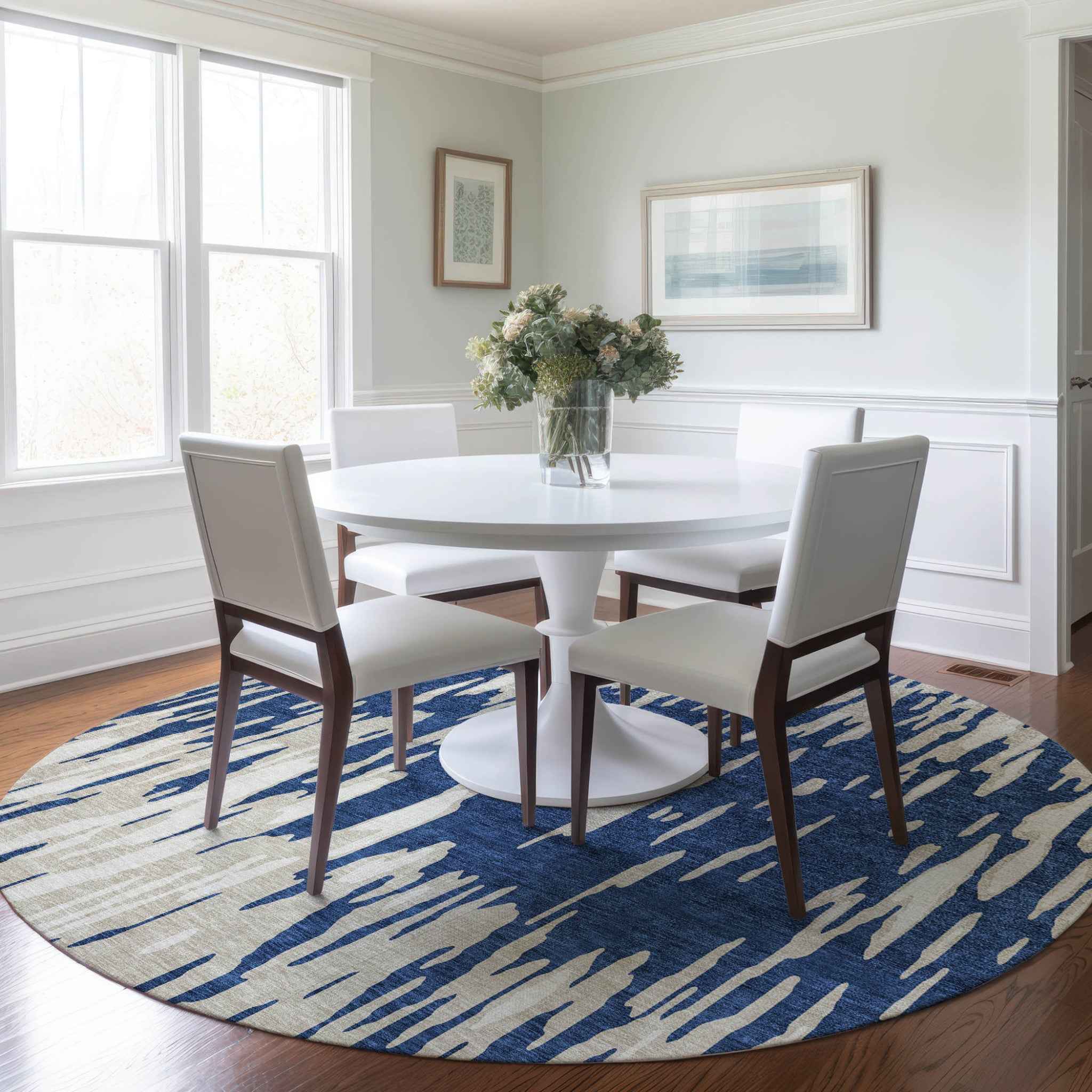 8' Navy Blue And Ivory Round Abstract Washable Indoor Outdoor Area Rug