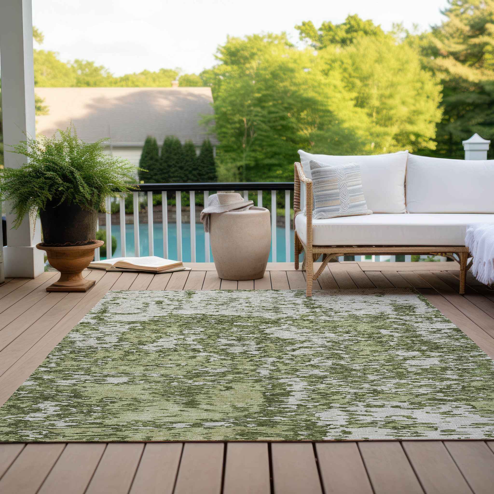 10' X 14' Olive Green And Ivory Abstract Washable Indoor Outdoor Area Rug
